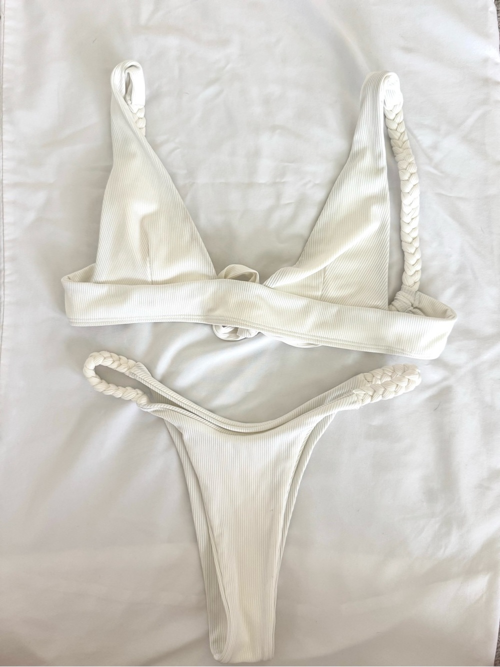 Ribbed Ivory Braided Strap Bikini Set